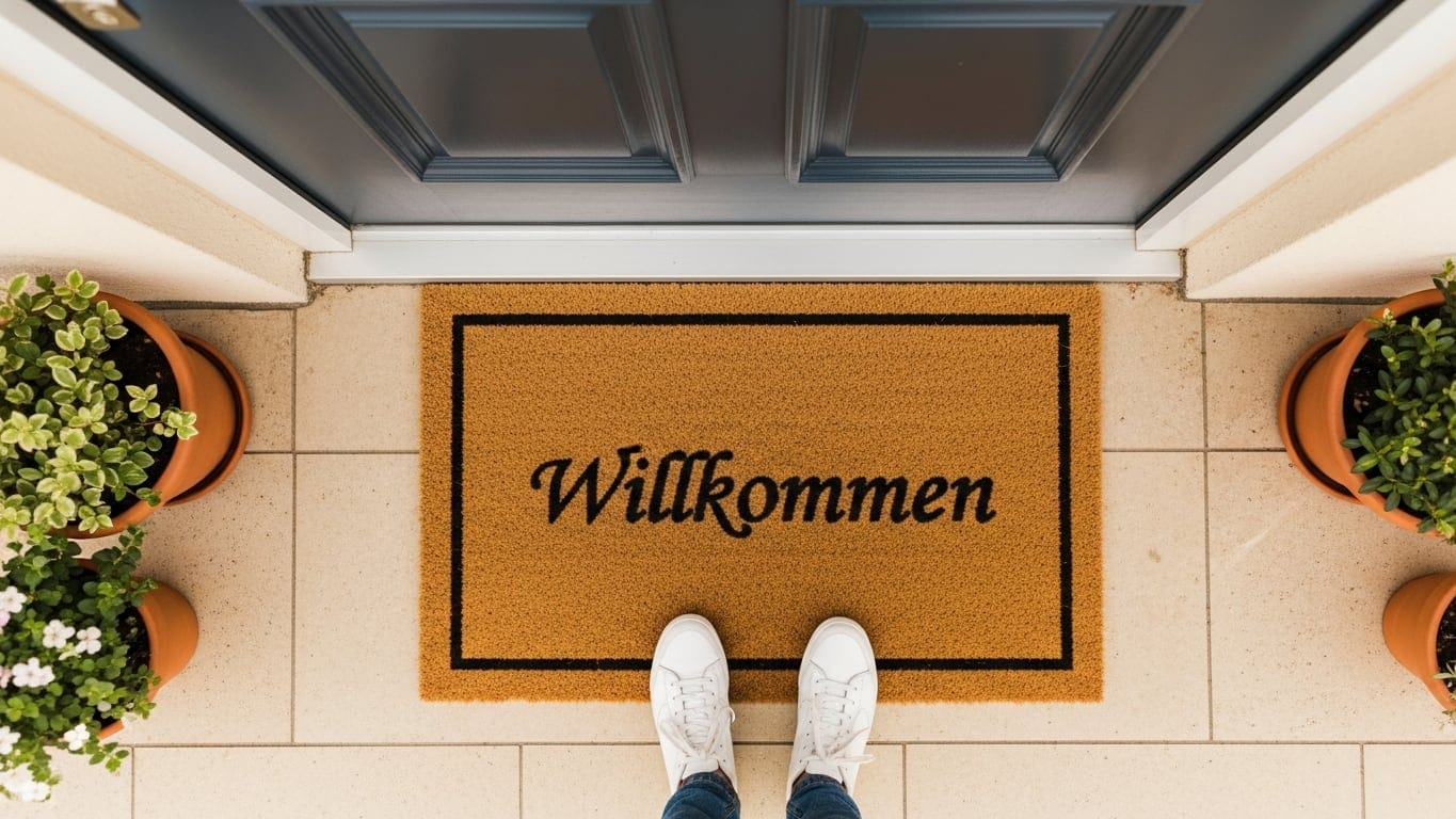 Eine Person in weißen Turnschuhen steht vor einer Tür auf einer Fußmatte mit der Aufschrift "Willkommen", umgeben von Topfpflanzen, als sei sie bereit für eine Einladung, Schritt für Schritt die Gemeinde kennenzulernen.